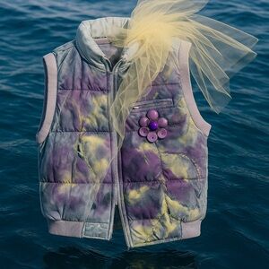 Colorful Puffer Vest with Floral Accent